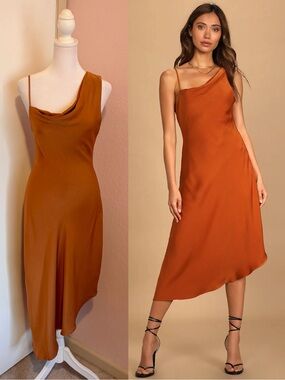 Lulus Instant Impression Orange Asymmetrical Midi Dress